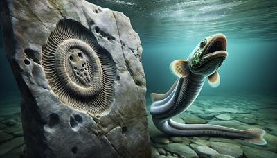 Fossile Neunaugen und moderne Neunaugen nebeneinander.