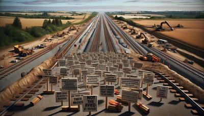 Proprietários de terras bloqueando a construção da ferrovia com cartazes de protesto.