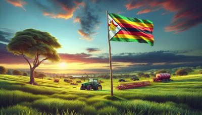 Paisagens com equipamentos agrícolas e bandeira do Zimbábue exibida.