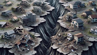 Danos por deslizamento de terra com casas destruídas e solo rachado.