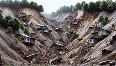 Débris d'éboulement sur la colline avec des maisons endommagées.