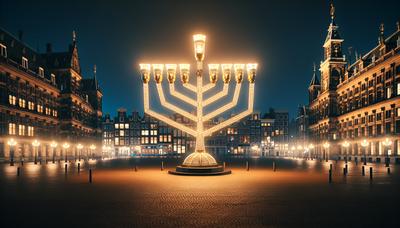 Grote menorah gloeit op de Dam in Amsterdam.