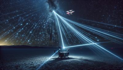 Sistema de láser apuntando a un dron en el cielo nocturno.