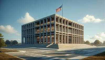 Fasada Biblioteki LBJ z powiewającą wysoko amerykańską flagą.

