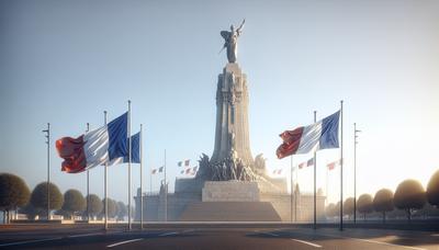 Monument de la libération du Havre avec des drapeaux français flottant.