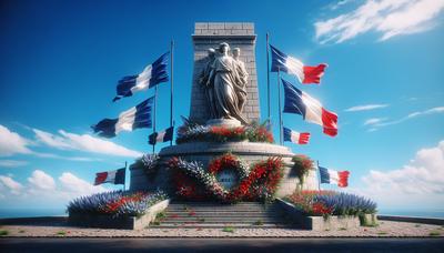 Monument de la Libération avec des drapeaux français et des fleurs.