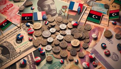 Symboles monétaires libyens avec des documents de campagne en français.