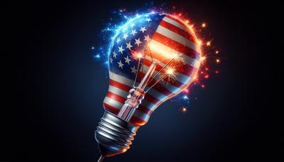 Lampadina con la bandiera americana che sprigiona scintille rappresentando l'innovazione.