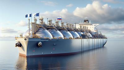 Tanque de gás natural liquefeito com bandeiras da França e da Rússia.