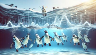 Pequenos pinguins debaixo d'água com ilustrações de ondas sonoras.