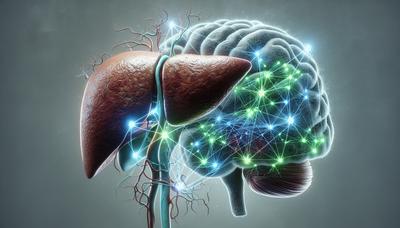 Wątroba i mózg połączone świecącymi sygnałami.