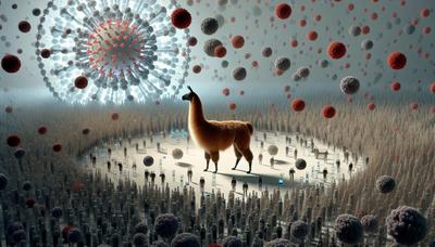 Llama circondata da nanocorpi microscopici che mirano al virus HIV.