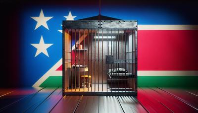 Cellule de prison verrouillée avec le drapeau de la Nouvelle-Calédonie en arrière-plan.