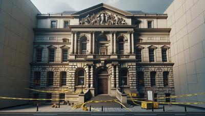 Palais de justice de Londres avec bande de police et graphique de marteau.