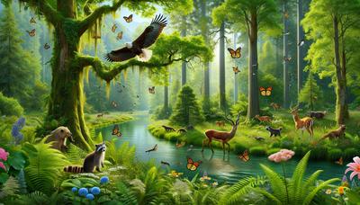 Bosque verde y frondoso con diversas especies animales prosperando.