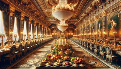 Salle de banquet luxueuse avec des décorations ornées et de la nourriture.