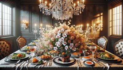 Table à dîner luxueuse avec des décorations élégantes et de la nourriture.