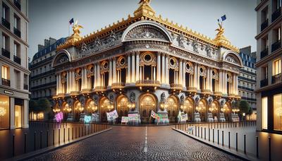 Lieu luxueux de gala à Paris avec des pancartes de protestation à l'extérieur.