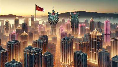 Macao-Skyline mit chinesischer Flagge im Hintergrund.