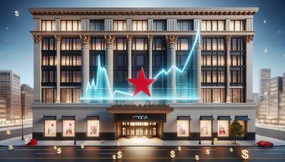 Vetrina di Macy's con grafico delle vendite in calo e simboli del dollaro.