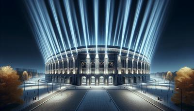 Budynek Madison Square Garden zewnętrzny z jasnymi wiązkami reflektorów.