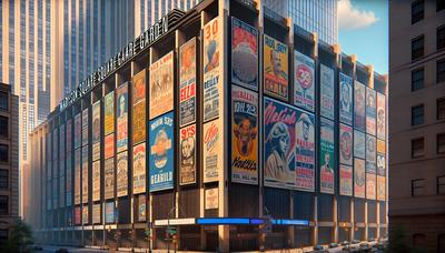 Exterior del Madison Square Garden con carteles históricos de mítines.