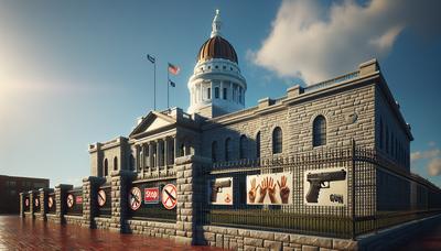 Maine State Capitol-gebouw met borden voor wapenbeheersing