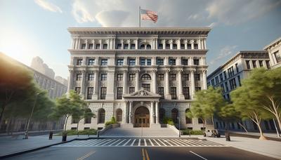 "Exterior del juzgado de Manhattan con la bandera estadounidense ondeando"