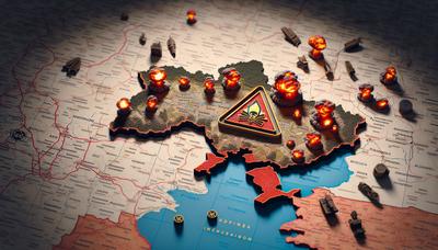 'Mapa de Ucrania con símbolo de precaución y explosiones.'
