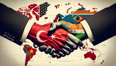 Mappe Turchia e paesi BRICS con grafica stretta di mano