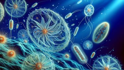 Diatomeas marinas y bacterias colaborando para fijar nitrógeno.