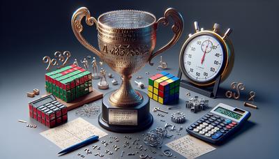 Troféu de competição de matemática cercado por evidências de quebra de regras.