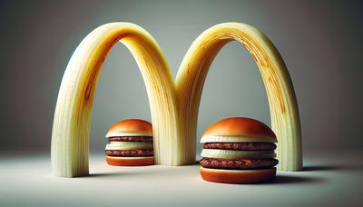 Illustrazione del logo di McDonald's con cipolle e hamburger di manzo.