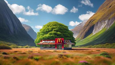 McDonald's restaurant naast ongerepte groene natuurschoon.