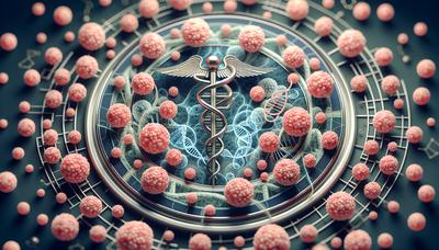 Medicinska behandlingssymboler med DNA-strängar och lymfomceller.

