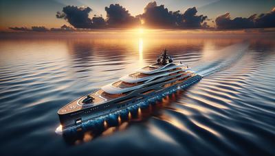 Mega yacht attraccato con oceano sereno e tramonto.