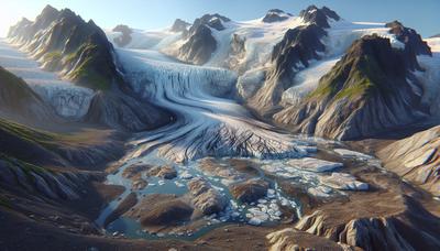 Glaciar derretido de Alaska con retroceso visible del hielo.