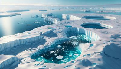 Smeltende ijsplaten met smeltwaterplassen en zee.