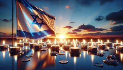 Candele commemorative e bandiera israeliana al tramonto.