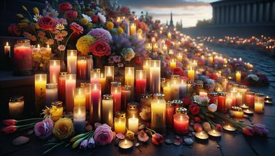"Memorial con velas y flores en Daguestán"