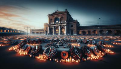 Corone commemorative e candele vicino alla stazione di Bologna al crepuscolo.