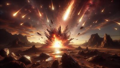 Explosion de météorite au-dessus d'un paysage ancien avec du quartz choqué.