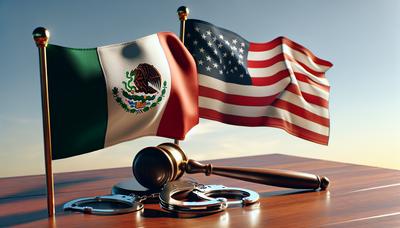 Bandeiras do México e dos Estados Unidos com algemas e martelo de juiz