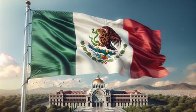 Bandeira do México com o palácio presidencial ao fundo.