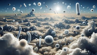 Microbes flottant dans l'atmosphère avec les nuages.