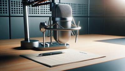 Microphone avec des copies d'examen approuvées à l'avance sur le bureau du studio.