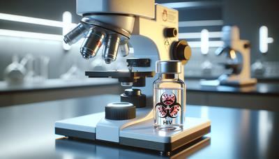 Mikroskop und Impfstofffläschchen mit HIV-Virus-Symbol