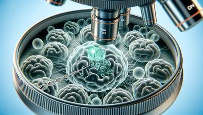 Microscopio mostrando células cerebrales con edición de ARN destacada.