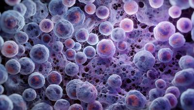Vista microscópica de células cancerosas de mieloma múltiple.
