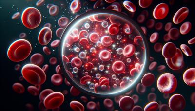 Microscópio visualizando amostra de sangue com marcadores de proteína destacados.